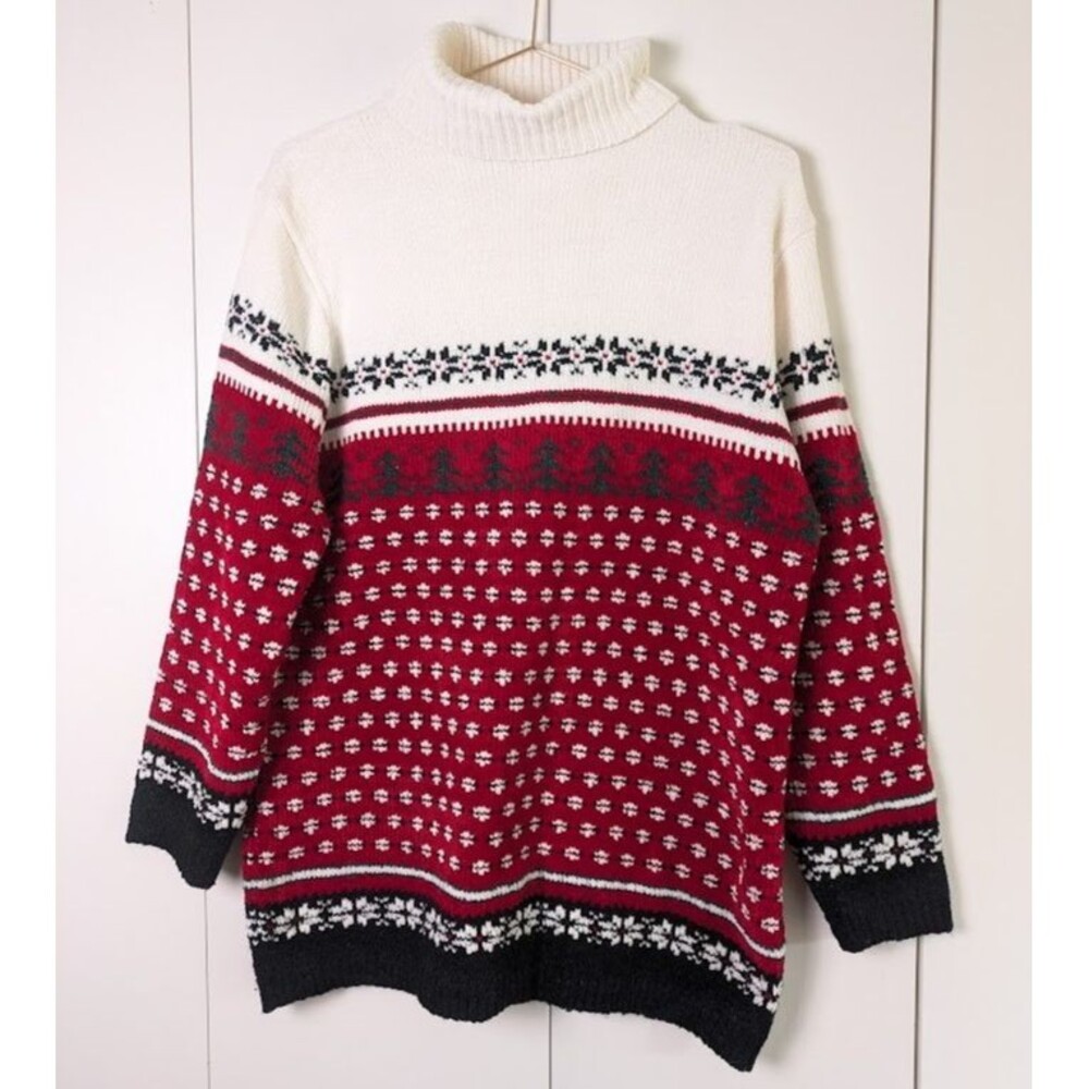 Studio Works Womens Medium Sweater Turtleneck Fair Isle Red Black Pullover